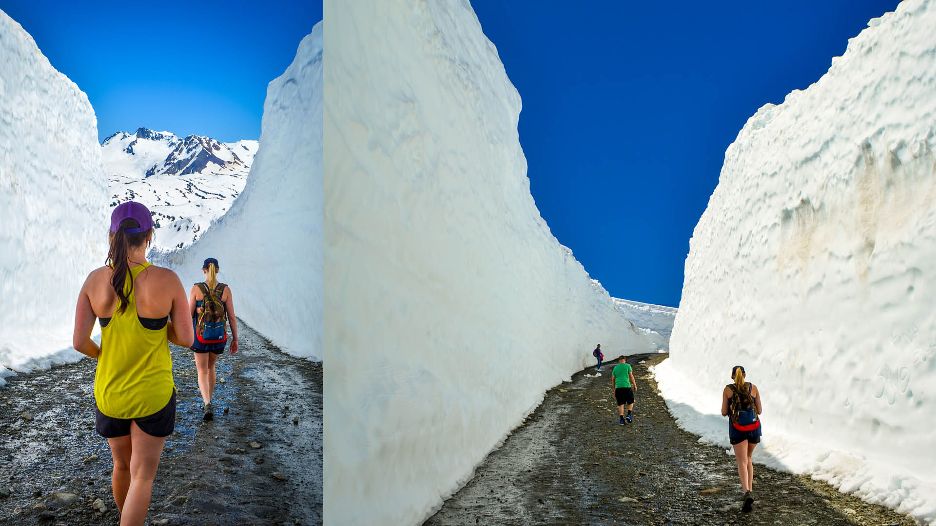 people walking down road surrounded by giant snow walls