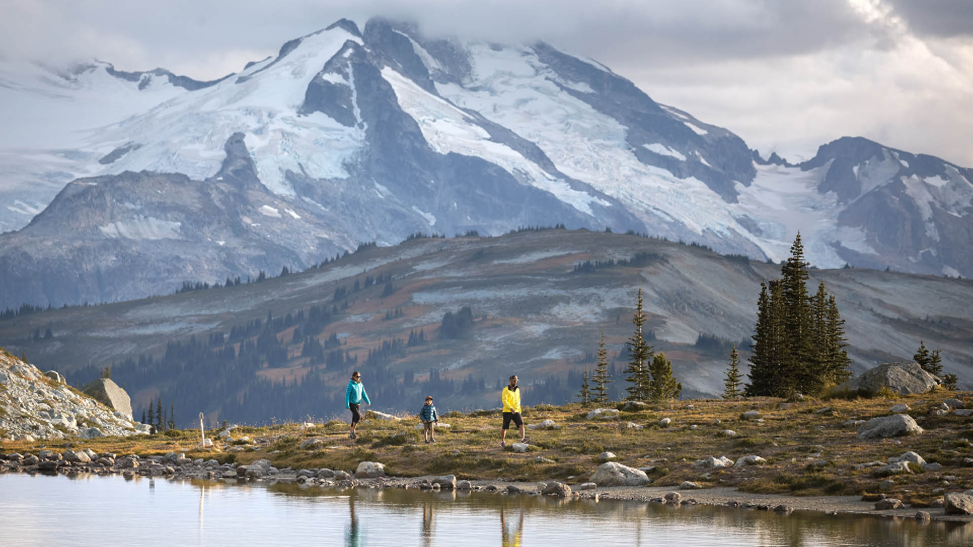 A couple walking in the alpine with views