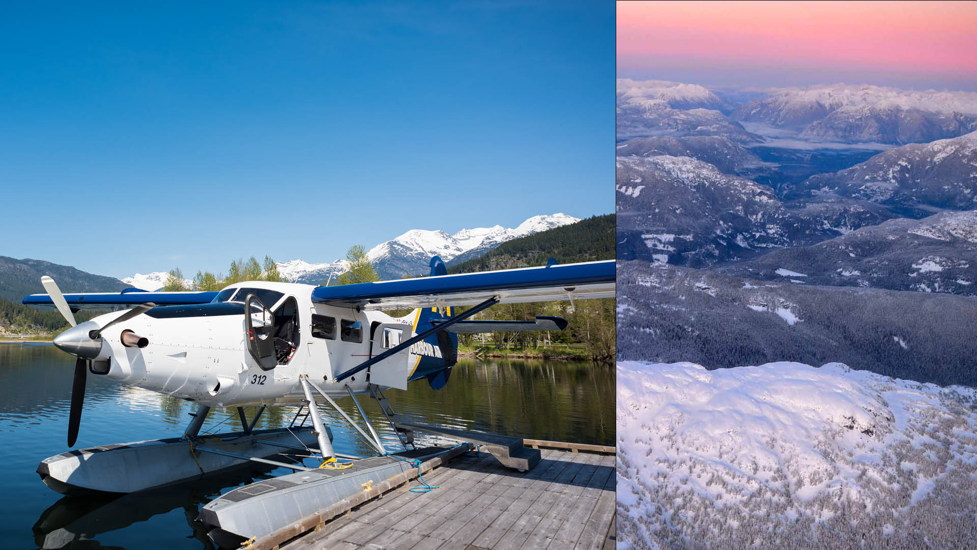 A float plane at a dock and an aerial view of the coast mountains.